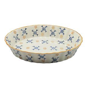 Temptations Atomic Flower Ceramic Oval Scalloped Casserole Dish Blue/Gold/Ivory
